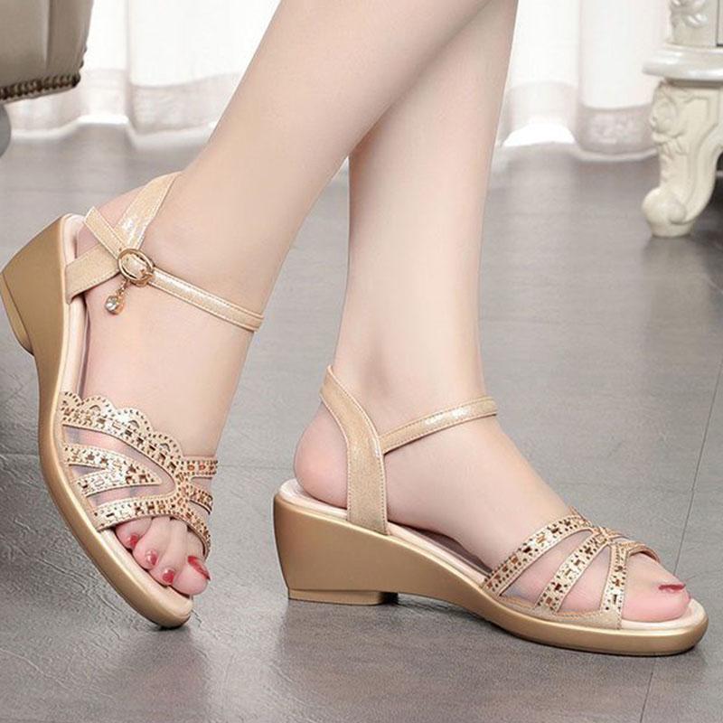 Leather Mesh Sandals Women's Spring and Summer New Hollow One-word Buckle Fish Mouth Wedge Mother Shoes Ladies Sandals