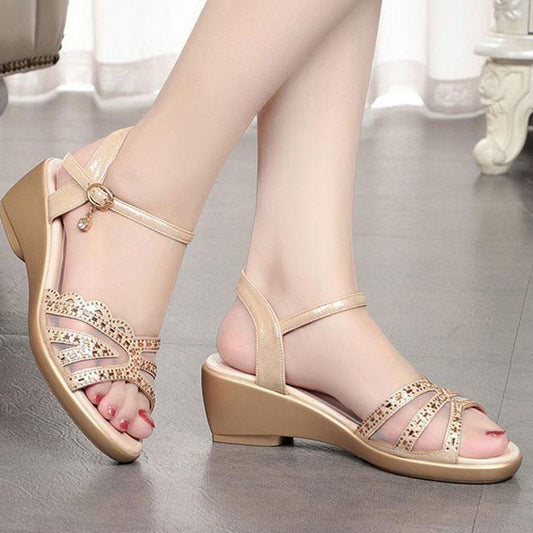 Leather Mesh Sandals Women's Spring and Summer New Hollow One-word Buckle Fish Mouth Wedge Mother Shoes Ladies Sandals