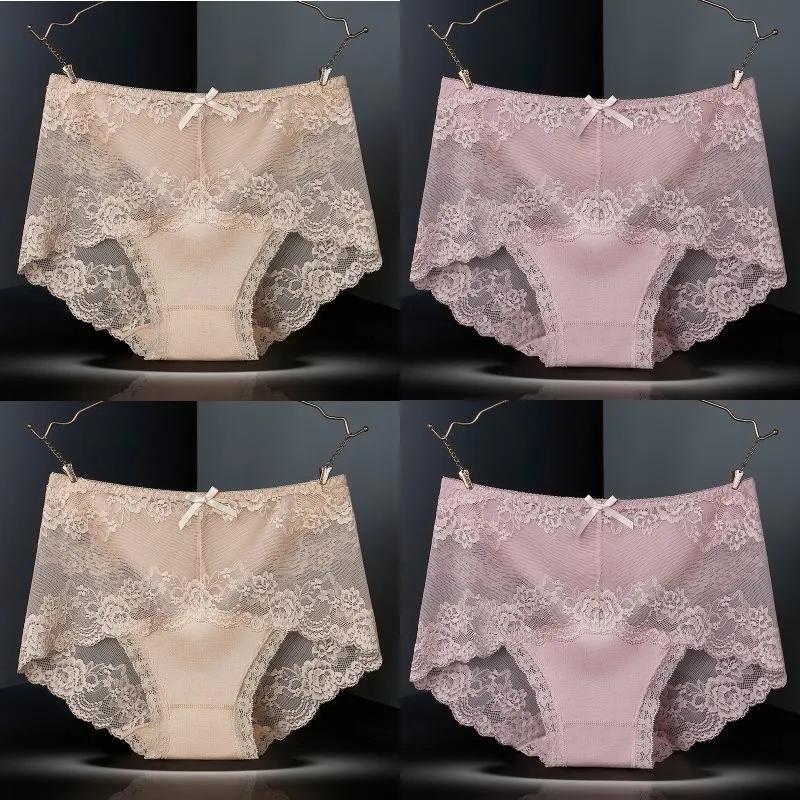 4Pcs/Set High Waist Solid Color Seamless Lace Underpants Women's Spring Summer All-match Large Size Causal Soft Briefs