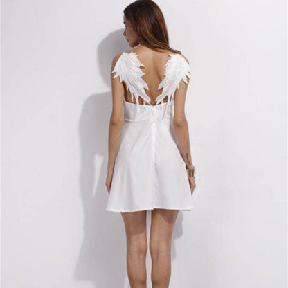 Fashion Sexy Black Lace Wings Backless Spaghetti Strap Dress Sleeveless Fitted Dress Summer Dresses