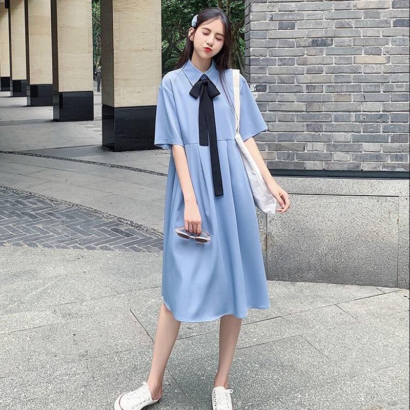 Chiffon Dress with Belt Women Button Solid Color High Waist Turn-down Collar Girls Summer Holiday Knee-length Short Sleeve A-line Dress