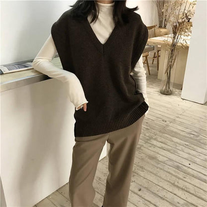Pofulove Loose V-neck Knitted Vest Women's Autumn Winter Wear Sleeveless Vest Pullover Sweater