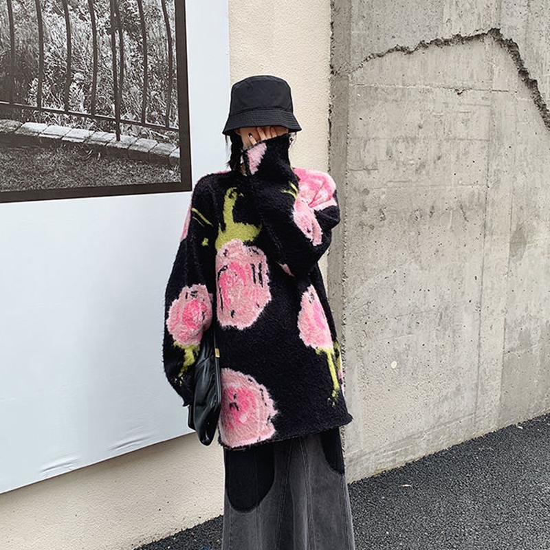 Women's Sweater Loose Outer Wear Autumn  Winter Casual Retro Jacquard Mid-length Pullover Knit Top