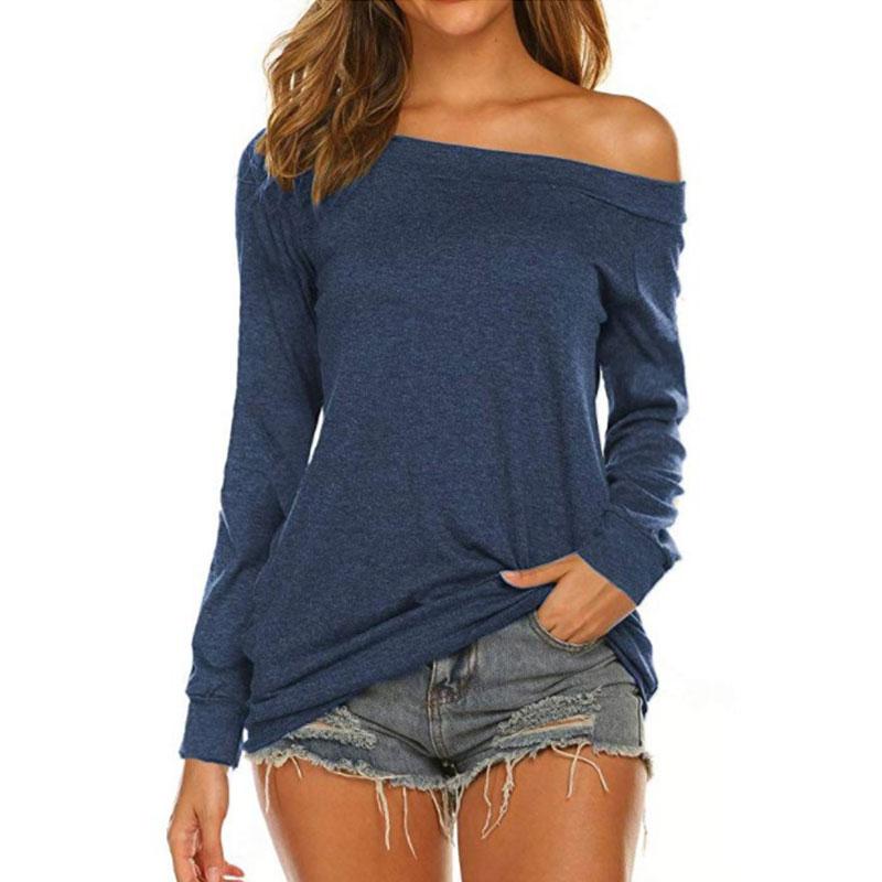 Ladies Long Sleeve T-Shirt Spring and Summer Off Shoulder Top Thin Loose Solid Color Shirt Woman Tshirts Fashion Tee Sexy Tops One Shoulder Sexy Tops
