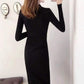 Autumn and Winter Fashion Padded Sweater Skirt Mid-length Over The Knee V-neck Knitted Dress Slim Inner Base Bag Hip Skirt