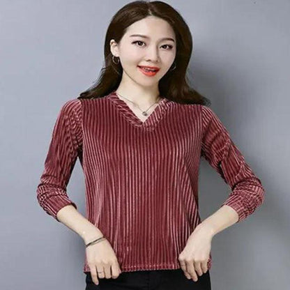 Blouse Women's Long-Sleeved Shirt Loose V-neck Gold Velvet Top Vintage Casual Ladies Top Spring Fall Pullover
