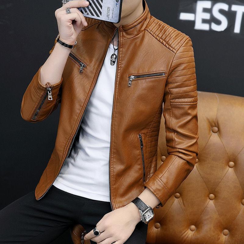 Young Men's Slim Men's Leather Jacket Autumn and Winter Fashion Trend Plus Velvet Thick Lamb Wool Jacket