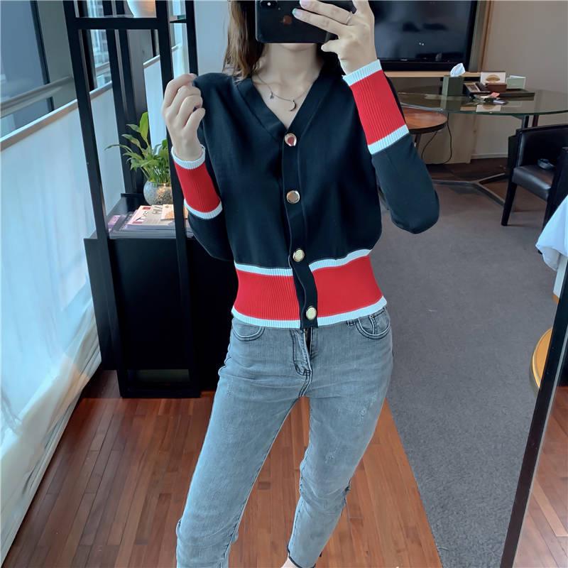 Women's slim slimming V-neck short sweater coat wild sweater long-sleeved button cardigan