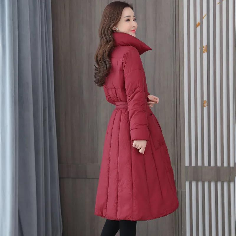 Long Down Jacket Fashion Casual Waist Belted Cotton Jacket Lengthened Thick Loose Over-the-knee Windbreaker Jacket