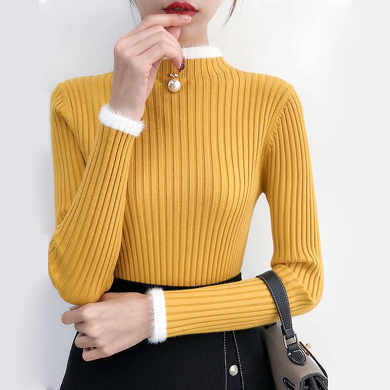 Pofulove Half Turtleneck Sweater Women Autumn Winter Fashion Slim Long-sleeved Bottoming Sweaters