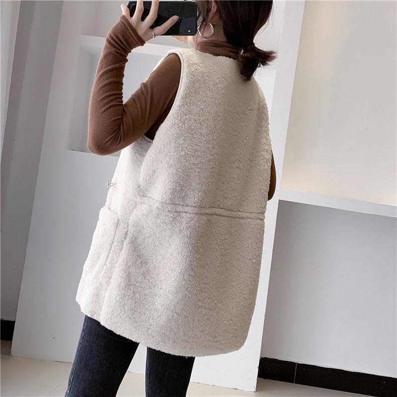 Lamb Wool Warm Vest Female Outer Wear Fur One Coat Female Wild Loose Autumn and Winter Waistcoat Female Round Neck Sleeveless Jacket