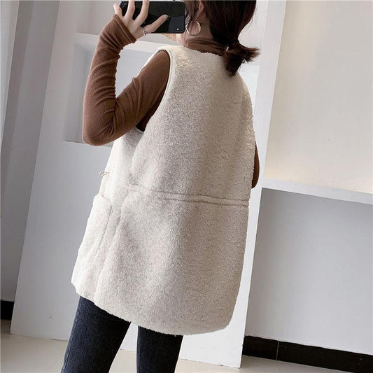 Lamb Wool Warm Vest Female Outer Wear Fur One Coat Female Wild Loose Autumn and Winter Waistcoat Female Round Neck Sleeveless Jacket