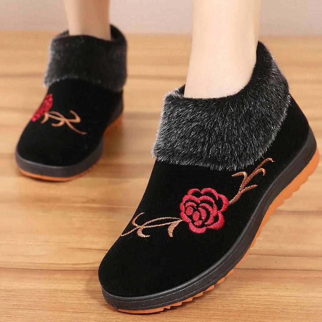 Women's Winter Flat Cotton Shoes Female Large Size Plush Thickened Soft Sole Anti Slip Embroidered Cotton Shoes