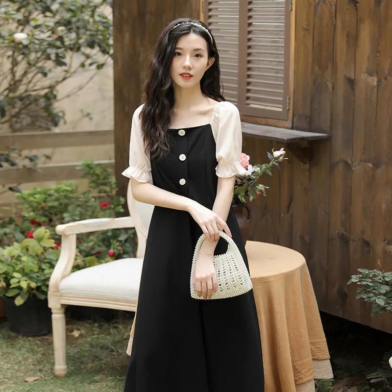 French Retro Style Sexy Black Woman Square Collar Puff Short Sleeves Wedding Part Mid-calf Dress
