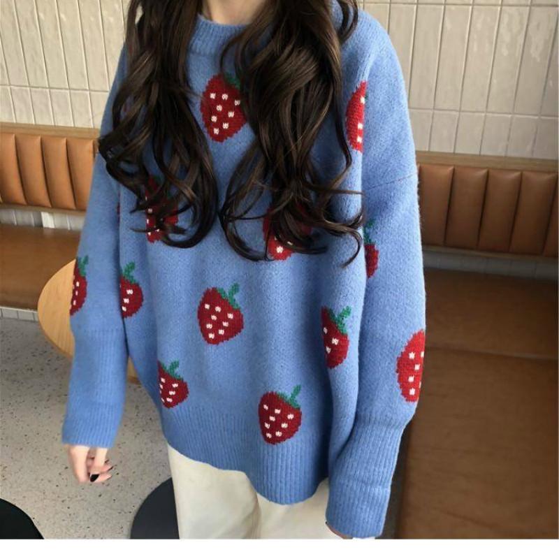 Pofulove University Style Sweater Loose Sweet Strawberry Pullover Sweater Women Autumn and Winter