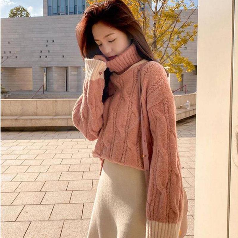 Contrasting Color Turtleneck Sweater In Autumn and Winter Loose Wild Thick Coat Simple Knitted Female Top