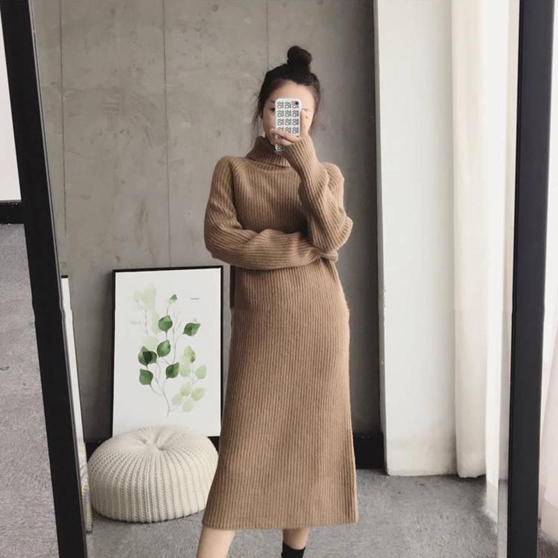 Autumn and Winter Women's Wool Sweater Warm High Neck Sweater Casual Loose Thickening Slimming Over The Knee Long Sweater Knitted Pull Pullover