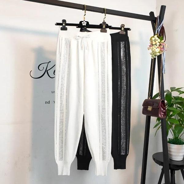 Spring and Autumn Women's Rhinestone High Waist Harem Pants Large Size Loose Versatile Black and White Long Pants
