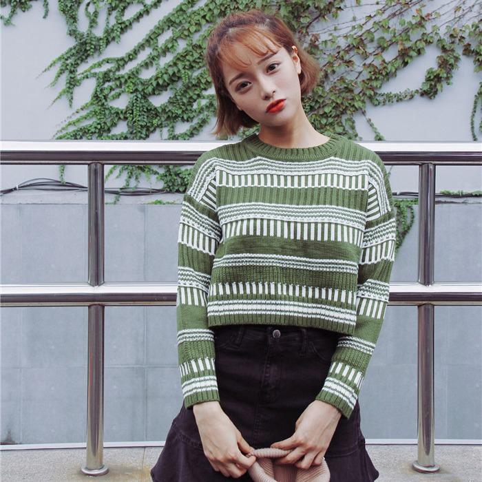 Pofulove Women's Long Sleeve Winter College Style Wild Loose Top Color Stripe KnitStudent Sweater