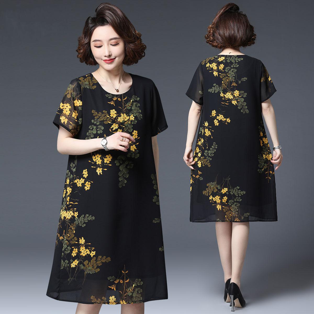 XL-XXXXXL Women's summer dress Chiffon Veil Short sleeve Round neck printing Daily wear