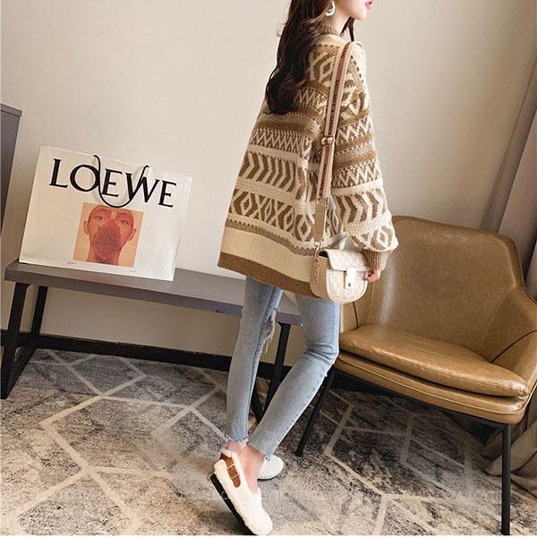 Vintage  Printed Mid-length Thick Sweater Women Loose Casual Knit Sweater Round Neck Pullover Fair Isle Jacquard Sweater
