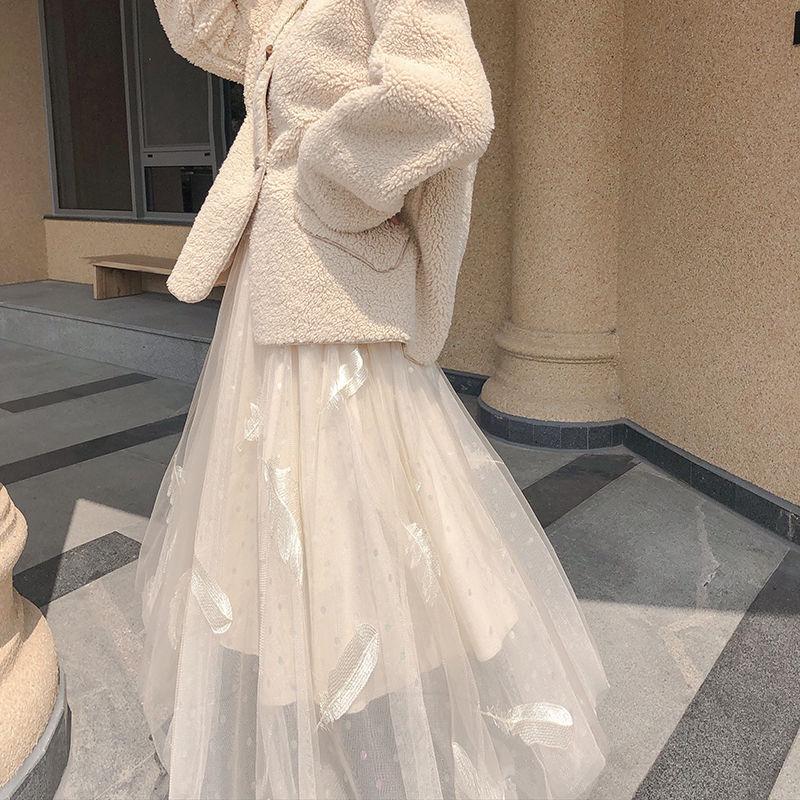 Women's Feather Embroidered Mesh Skirt Lace Printing Elastic Waist Princess Tutu A-line Skirt Mid-length High-waist Fairy Skirt