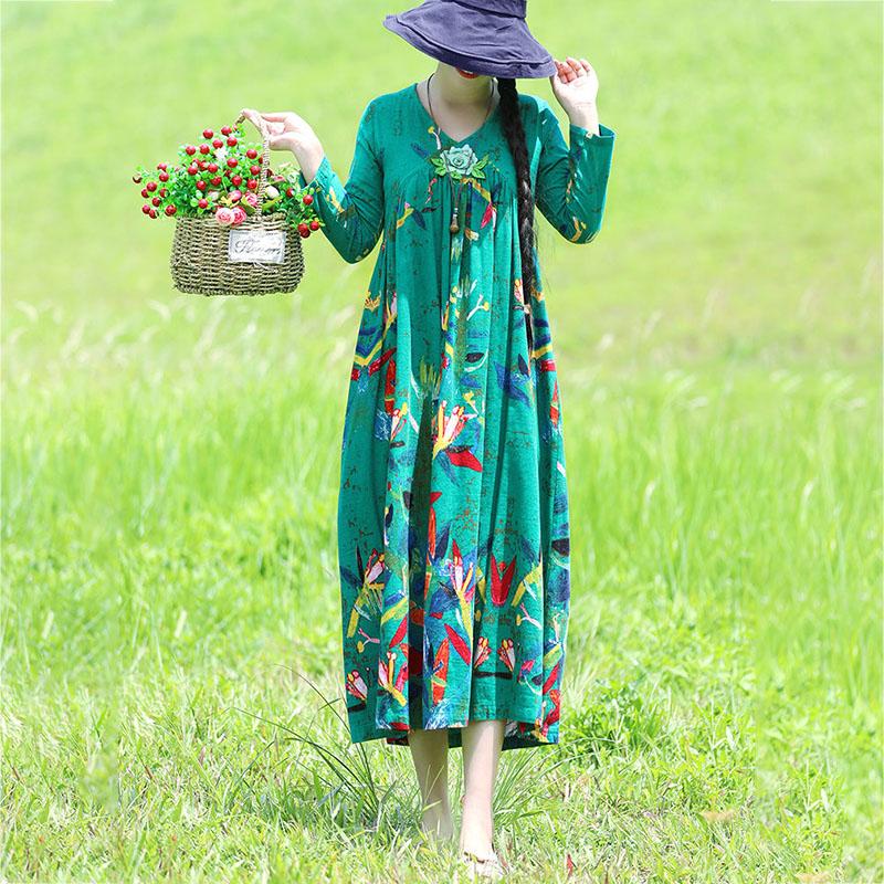 Ethnic Style V-neck Embroidery Long-sleeved Dress Bohemian Style Spring and Autumn Large Size Loose Middle Calf Length