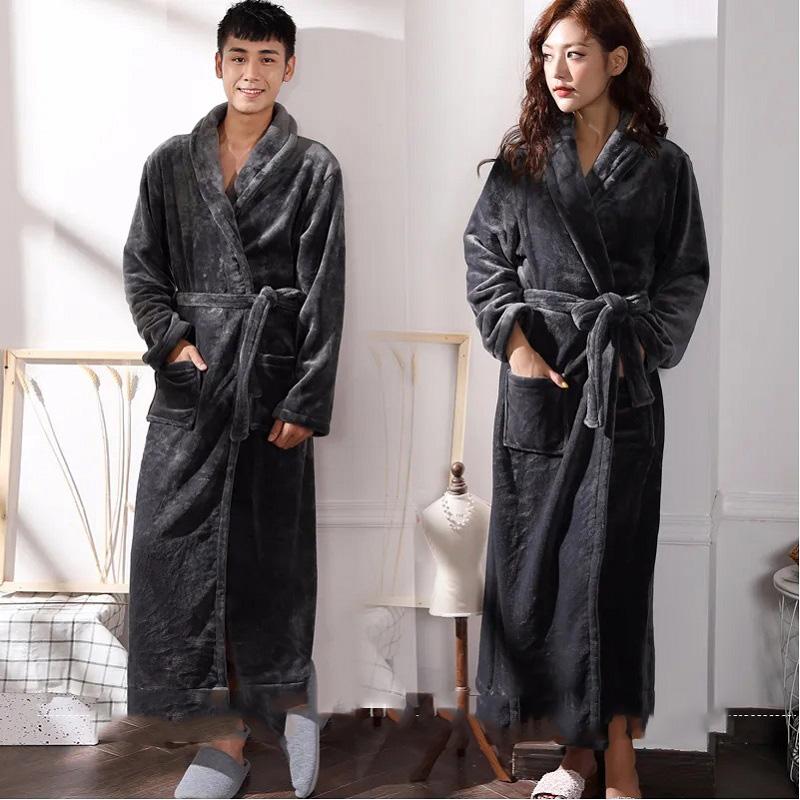 Thickened Flannel Nightgown Women's Plus Size Extended Length Coral Fleece Bathrobe Autumn Winter Long-sleeved Loose Homewear
