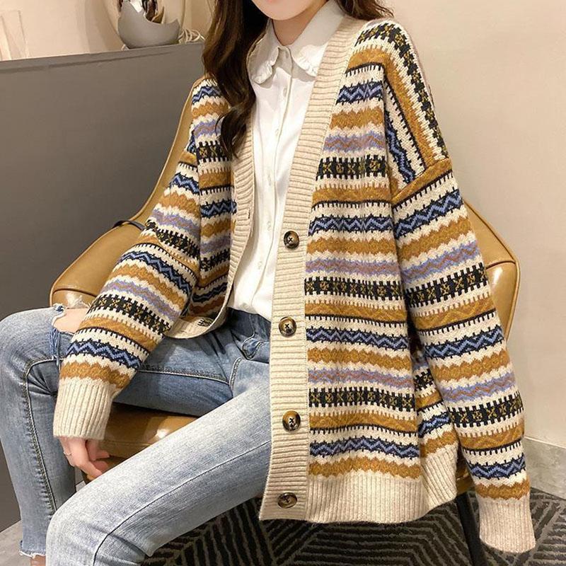 Autumn and Winter Retro Striped Knitted Sweater Loose Cardigan Large Size Blouse Elegant Jacquard Young and Middle-aged Ladies Jacket