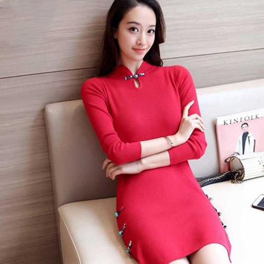 Winter China Style Sexy Slim Bodycon Knit Skirt Traditional Buckle Bottom Sweater Dress