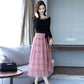 M-XXXL Summer Printing Stitching Polyester Chiffon Laced Bow Neckline Round Elastic Waist Mid-calf A-line Dress