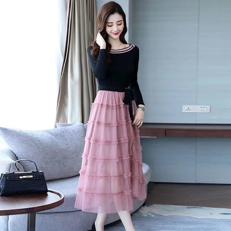 M-XXXL Summer Printing Stitching Polyester Chiffon Laced Bow Neckline Round Elastic Waist Mid-calf A-line Dress