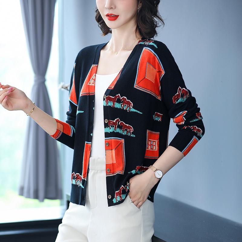 Autumn Winter Ladies Wool Cardigan  Single-breasted 3D Printing Cardigan Coat