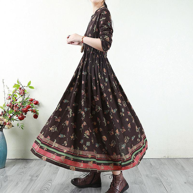 Hua Funi Retro Big Swing Cotton and Linen Women's Dress Spring Super Long Print Waist Temperament Long Skirt Loose Ethnic Style Dress
