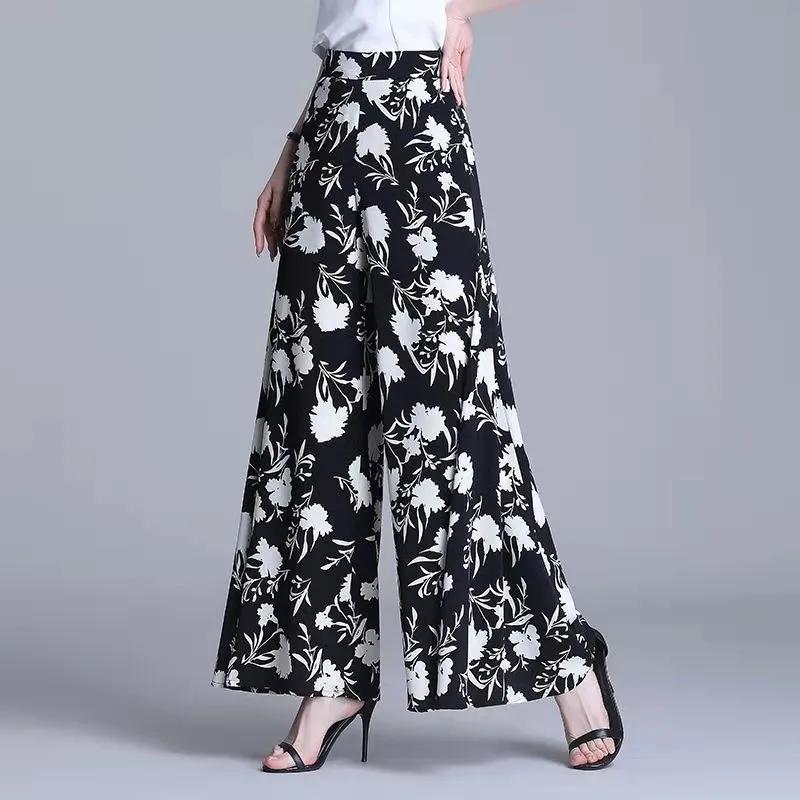 Flower Print Wide-leg Pants Women's Summer Large Size High Waist Loose Drape Thin Trousers Elastic Waist Skirt Pants
