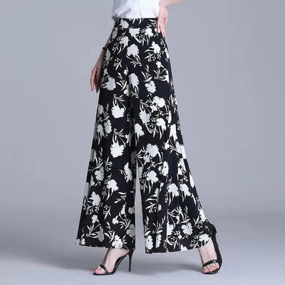 Flower Print Wide-leg Pants Women's Summer Large Size High Waist Loose Drape Thin Trousers Elastic Waist Skirt Pants