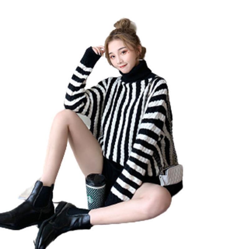 Thick High Neck Vertical Striped Sweater Women's Pullover Fall Winter Loose Casual Fashion Jacket Women