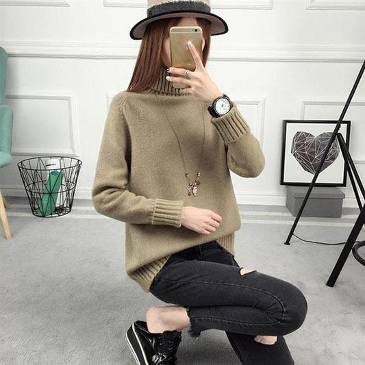 Autumn and Winter Women's Sweaters Female Students Short High-necked Loose Korean Version of Wild Long-sleeved Bottoming Shirt