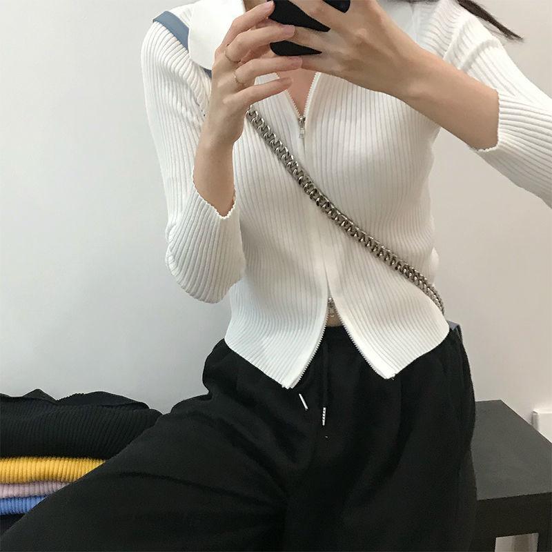 Polo Collar Knitted Cardigan Women's Thin Slim Slimming Short Double-headed Zipper Long-sleeved Top