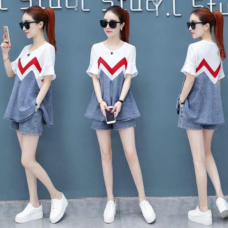 Casual Suit Women's Summer Denim Shorts Two-piece Round Neck Short-sleeved Top + Shorts Ladies Casual Suit Sweet and Cute