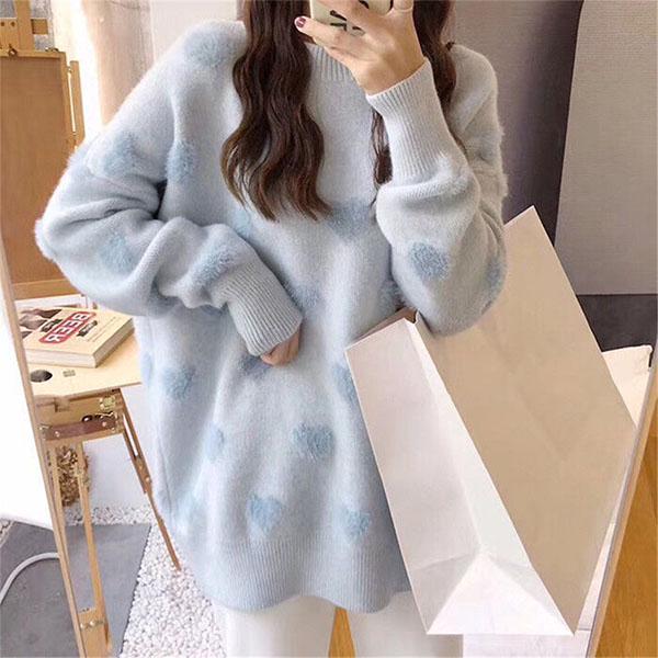 Love Round Neck Pullover Sweater Spring and Autumn Loose Fairy Gentle Style Student Sweater Jacket