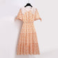 Pofulove  Bohemian Floral Dress Women Summer Dress Plus Size  Lace Collar Slim A-line Long ruffed Dress for party beach vacation