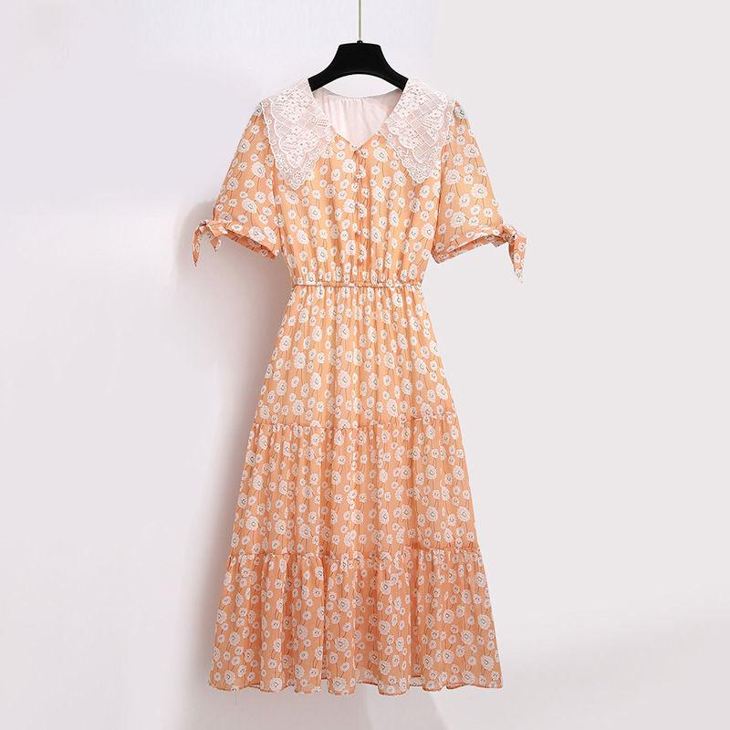 Pofulove  Bohemian Floral Dress Women Summer Dress Plus Size  Lace Collar Slim A-line Long ruffed Dress for party beach vacation
