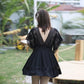 Plus Size Swimsuit Women's Solid Color Lace V-neck Tie Pleated Swimwear with Chest Pad Sexy Backless Beachwear Belly Cover Skirt Separate Swimsuit