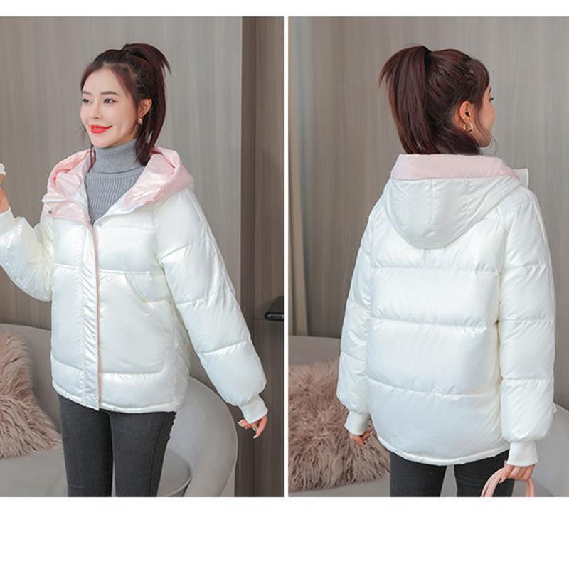 Women's Bright Short Down Jacket Winter Korean Loose Quilted Jacket Casual Stand-up Collar Hooded Down Jacket Quilted Jacket