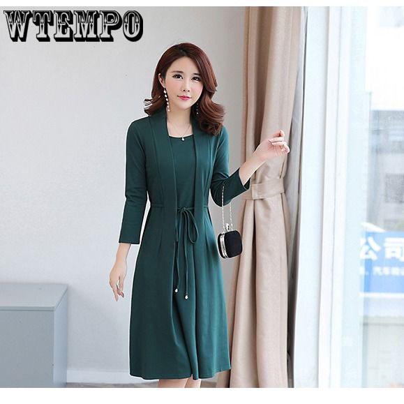 Large Size Women 'S Fake Two Piece Dress Female Long Sleeve Cover Belly Mother 'S Slimming