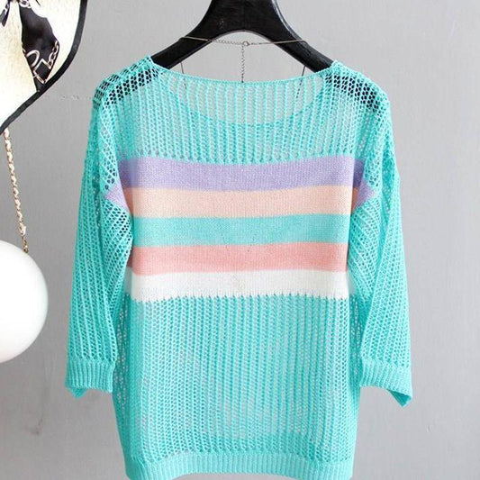Spring and Summer Hollow Knitted Sunscreen Jacket Top Women's Loose Thin Color Stripes