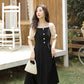 French Retro Style Sexy Black Woman Square Collar Puff Short Sleeves Wedding Part Mid-calf Dress