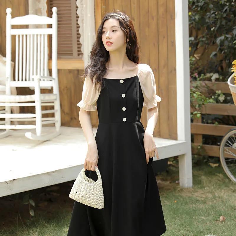 French Retro Style Sexy Black Woman Square Collar Puff Short Sleeves Wedding Part Mid-calf Dress