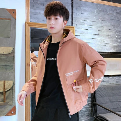 Men's Hooded Cotton Casual Jacket Spring and Autumn Zipper Jacket Korean Style Streetwear Clothes Loose Letter Printing Hood Jacket Outdoor Outfit